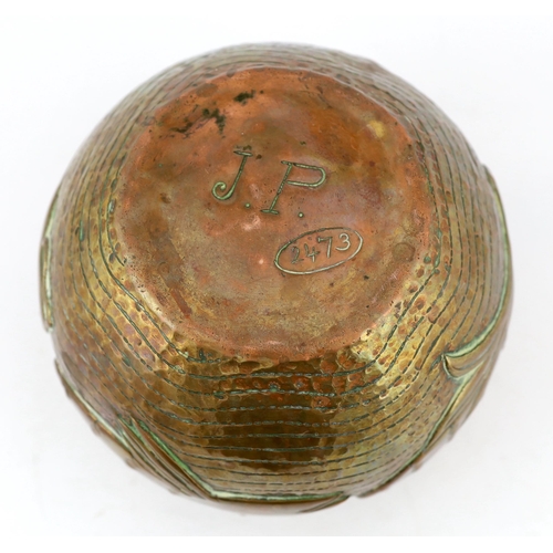 113 - John Pearson of Newlyn, an Arts & Crafts planished copper vase, decorated with four stylised swimmin... 