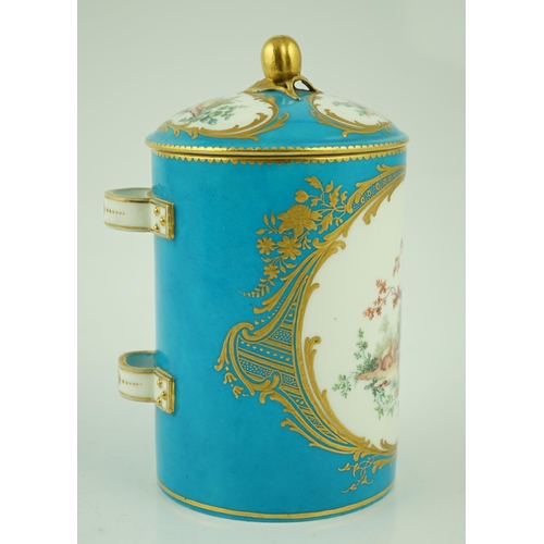 125 - A Sevres bleu-celeste ground tobacco jar and cover (Pot à tabac), date code for 1759, finely painted... 