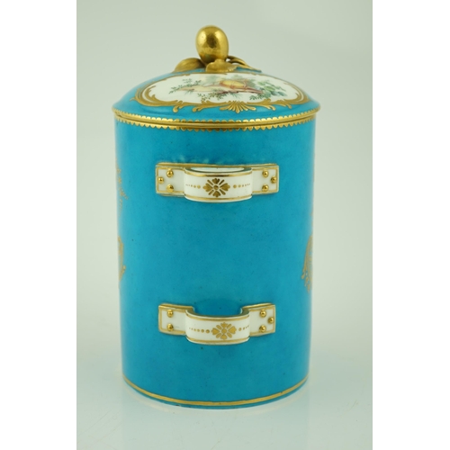 125 - A Sevres bleu-celeste ground tobacco jar and cover (Pot à tabac), date code for 1759, finely painted... 