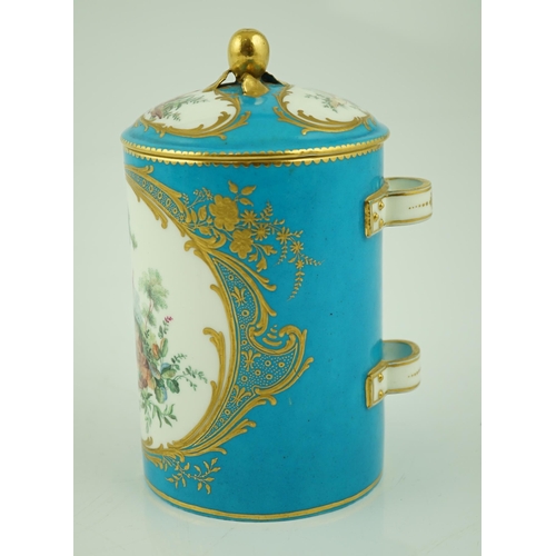 125 - A Sevres bleu-celeste ground tobacco jar and cover (Pot à tabac), date code for 1759, finely painted... 