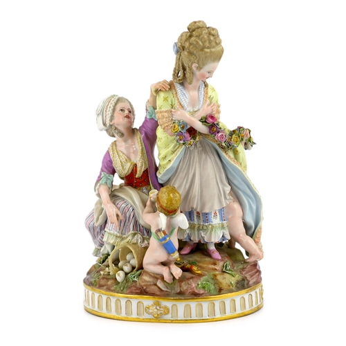 126 - A Meissen group The Broken Eggs, late 19th century, after Acier, underglaze blue crossed swords ma... 