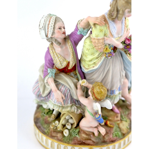 126 - A Meissen group The Broken Eggs, late 19th century, after Acier, underglaze blue crossed swords ma... 