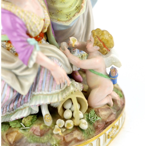 126 - A Meissen group The Broken Eggs, late 19th century, after Acier, underglaze blue crossed swords ma... 