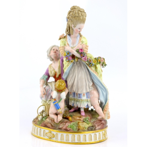 126 - A Meissen group The Broken Eggs, late 19th century, after Acier, underglaze blue crossed swords ma... 