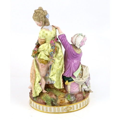 126 - A Meissen group The Broken Eggs, late 19th century, after Acier, underglaze blue crossed swords ma... 