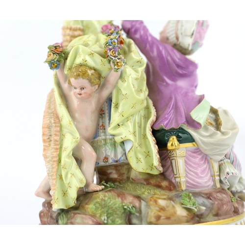 126 - A Meissen group The Broken Eggs, late 19th century, after Acier, underglaze blue crossed swords ma... 