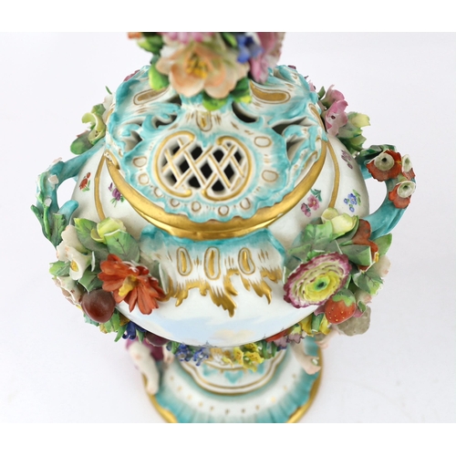 130 - A pair of Meissen topographical flower encrusted vases and covers, 19th century, each painted with t... 