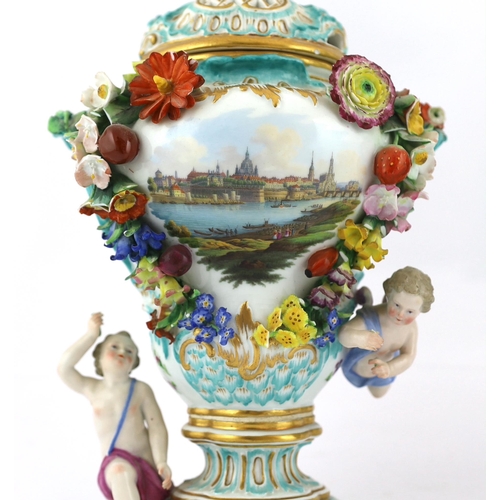 130 - A pair of Meissen topographical flower encrusted vases and covers, 19th century, each painted with t... 