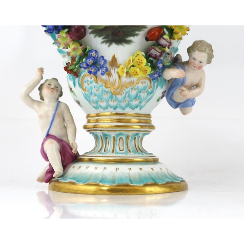 130 - A pair of Meissen topographical flower encrusted vases and covers, 19th century, each painted with t... 