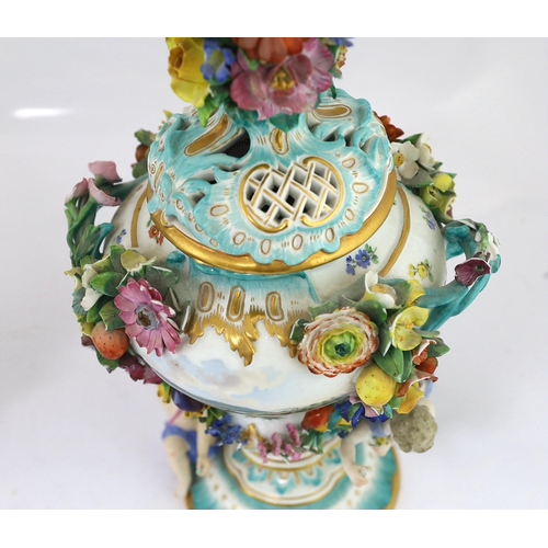 130 - A pair of Meissen topographical flower encrusted vases and covers, 19th century, each painted with t... 