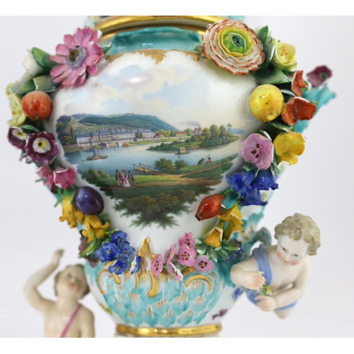 130 - A pair of Meissen topographical flower encrusted vases and covers, 19th century, each painted with t... 