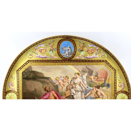 131 - A Vienna style Juno und Aeolus circular tray, c.1900, painted to a rectangular reserve with the fi... 