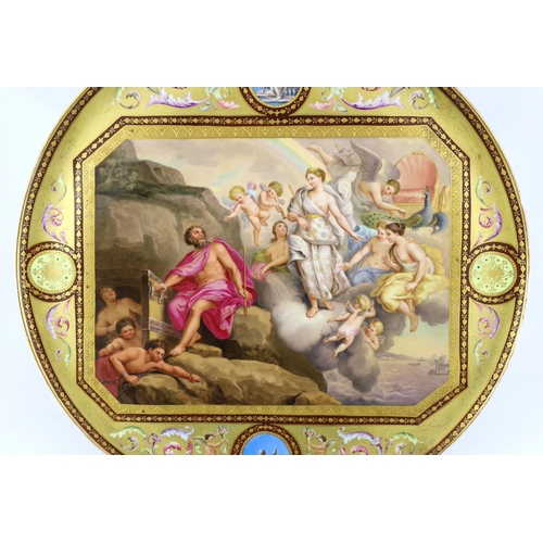 131 - A Vienna style Juno und Aeolus circular tray, c.1900, painted to a rectangular reserve with the fi... 