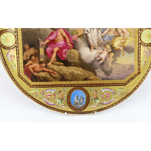 131 - A Vienna style Juno und Aeolus circular tray, c.1900, painted to a rectangular reserve with the fi... 