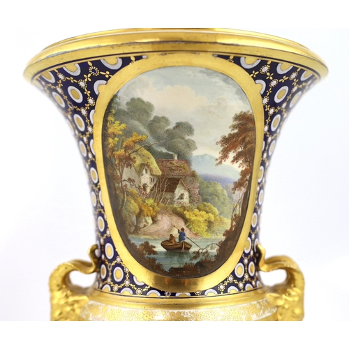 140 - An unusual English porcelain campana vase, possibly Coalport, c.1825, applied with a pair of ram's m... 