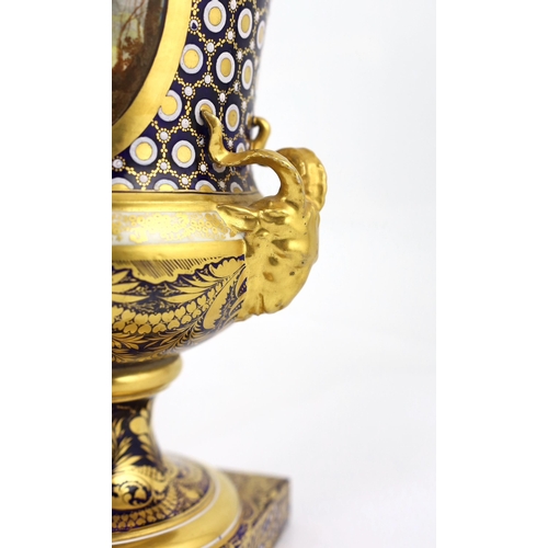 140 - An unusual English porcelain campana vase, possibly Coalport, c.1825, applied with a pair of ram's m... 