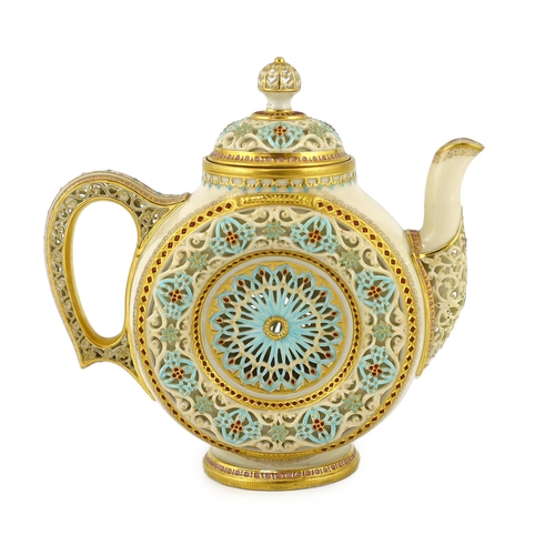 144 - A fine and rare Royal Worcester reticulated teapot and cover, designed by George Owen, c.1881, puce ... 