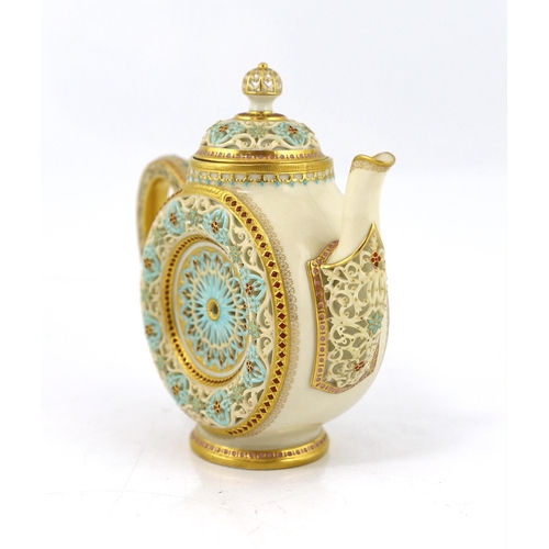 144 - A fine and rare Royal Worcester reticulated teapot and cover, designed by George Owen, c.1881, puce ... 