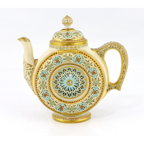 144 - A fine and rare Royal Worcester reticulated teapot and cover, designed by George Owen, c.1881, puce ... 