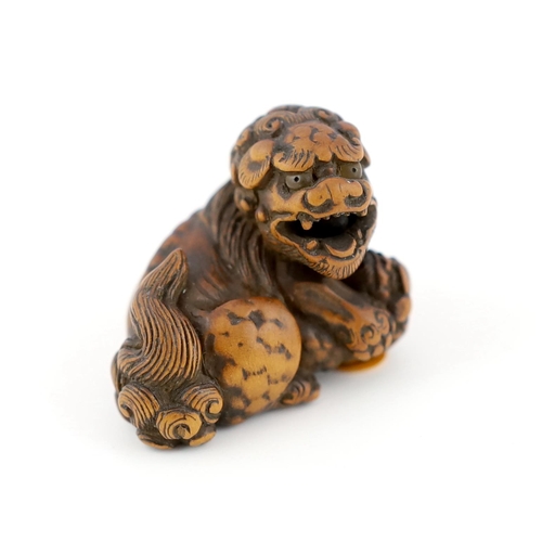 148 - * * A Japanese carved wood netsuke of a recumbent Shi-Shi, signed Toyomasa?, late 18th century, with... 