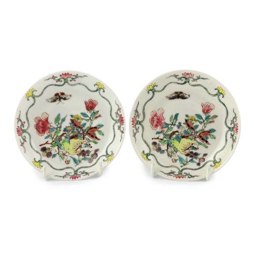 161 - A pair of Chinese famille rose semi-eggshell porcelain saucer dishes, Yongzheng period, each finely ... 