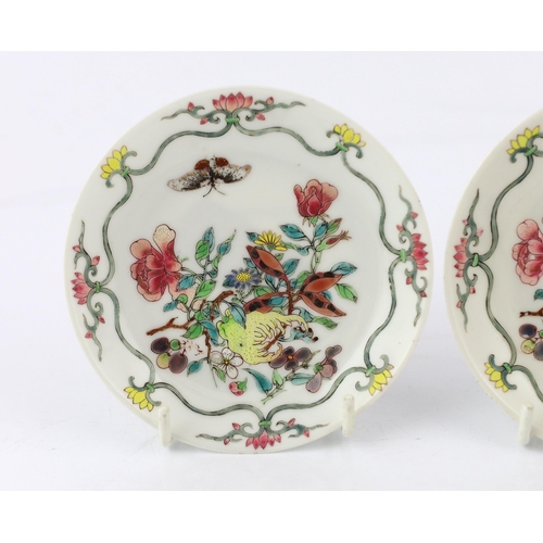 161 - A pair of Chinese famille rose semi-eggshell porcelain saucer dishes, Yongzheng period, each finely ... 