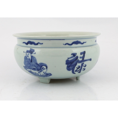 163 - A Chinese blue and white Sanxing tripod censer, Kangxi period, painted with the figures of the Thr... 