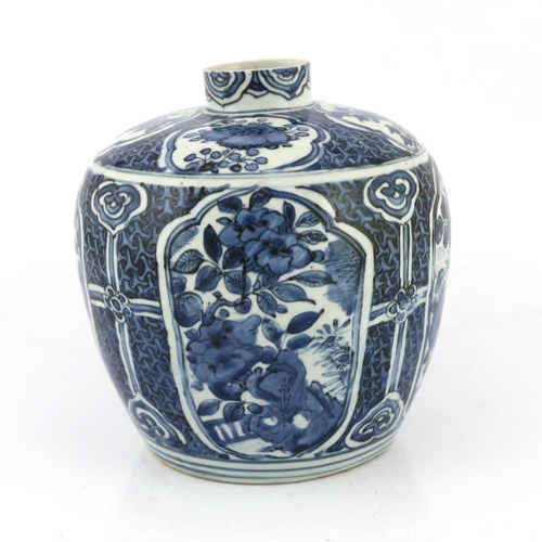 166 - A Chinese late Ming blue and white jar, Wanli period, typically painted with flower and rockwork in ... 