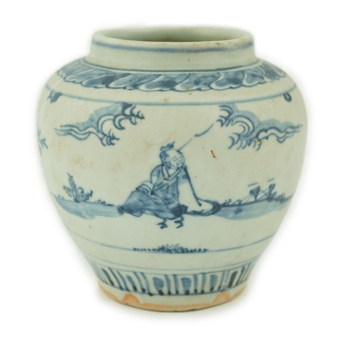 169 - A Chinese Ming blue and white jar, late 15th century, painted to each side with a scholar seated in ... 