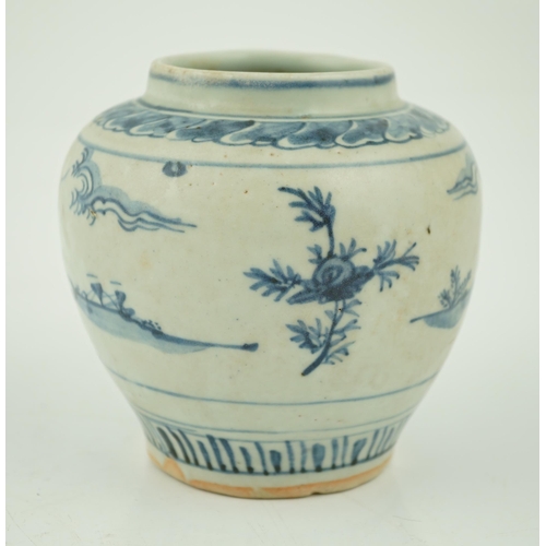 169 - A Chinese Ming blue and white jar, late 15th century, painted to each side with a scholar seated in ... 