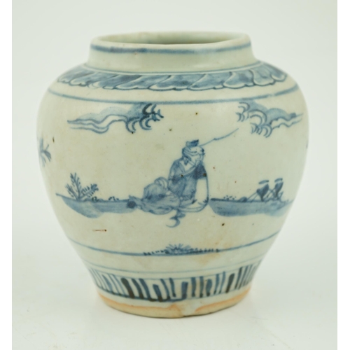 169 - A Chinese Ming blue and white jar, late 15th century, painted to each side with a scholar seated in ... 