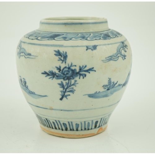 169 - A Chinese Ming blue and white jar, late 15th century, painted to each side with a scholar seated in ... 