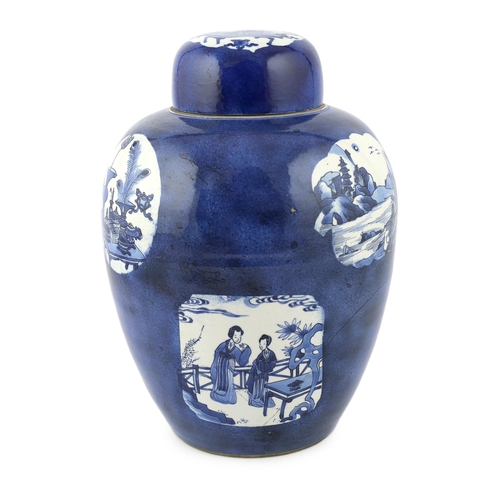 175 - A large Chinese powder blue jar and cover, Kangxi period, painted to shaped reserves in underglaze b... 