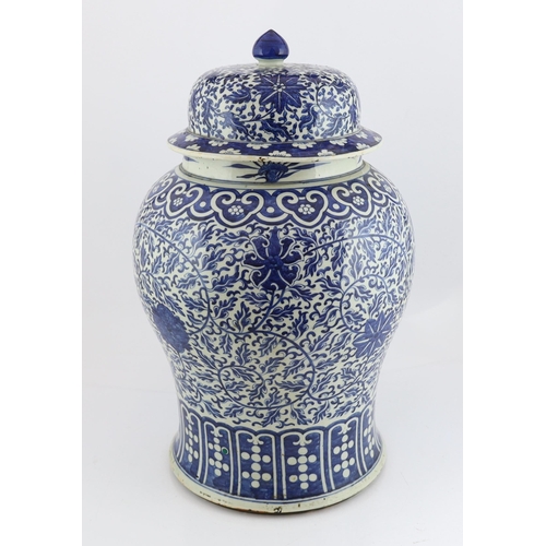 177 - A massive Chinese blue and white lotus vase and cover, 18th/19th century, the shoulder with repeat... 