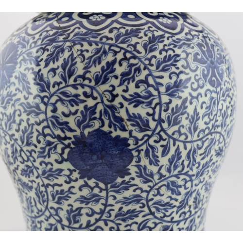 177 - A massive Chinese blue and white lotus vase and cover, 18th/19th century, the shoulder with repeat... 