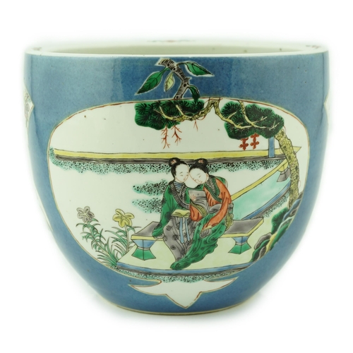 183 - A Chinese powder blue small jardiniere, 19th century, painted in famille verte palette with two ladi... 