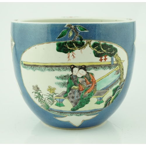 183 - A Chinese powder blue small jardiniere, 19th century, painted in famille verte palette with two ladi... 