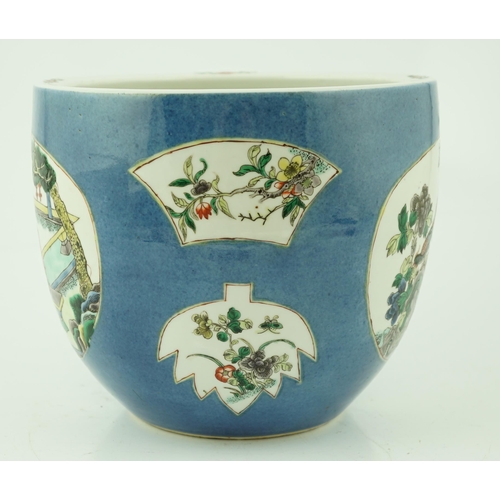 183 - A Chinese powder blue small jardiniere, 19th century, painted in famille verte palette with two ladi... 