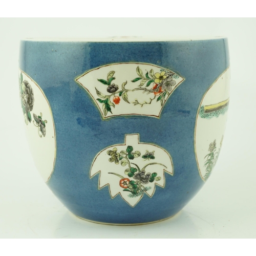 183 - A Chinese powder blue small jardiniere, 19th century, painted in famille verte palette with two ladi... 