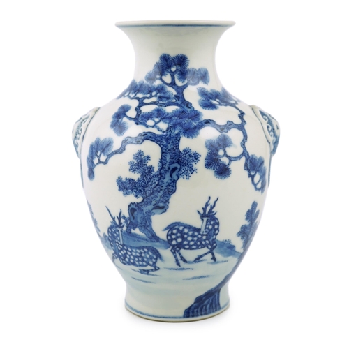 190 - A Chinese blue and white deer and pine vase, Qianlong seal mark but Republic period, of ovoid form... 