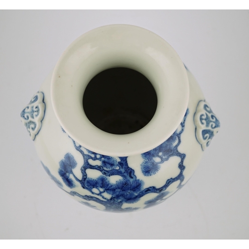 190 - A Chinese blue and white deer and pine vase, Qianlong seal mark but Republic period, of ovoid form... 