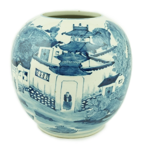 192 - An unusual Chinese blue and white globe-shaped vase, late 19th century, painted with figures and sen... 