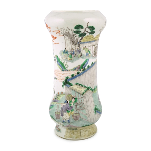 194 - A Chinese famille verte farming tall vase, Kangxi mark but late 19th century, finely painted with ... 