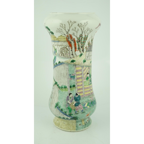 194 - A Chinese famille verte farming tall vase, Kangxi mark but late 19th century, finely painted with ... 