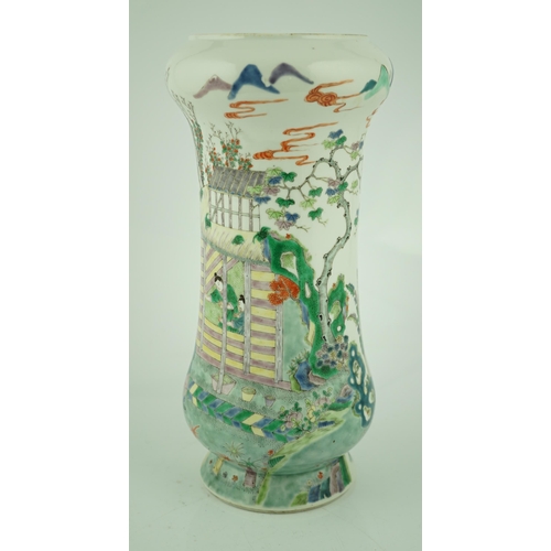 194 - A Chinese famille verte farming tall vase, Kangxi mark but late 19th century, finely painted with ... 