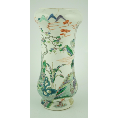 194 - A Chinese famille verte farming tall vase, Kangxi mark but late 19th century, finely painted with ... 