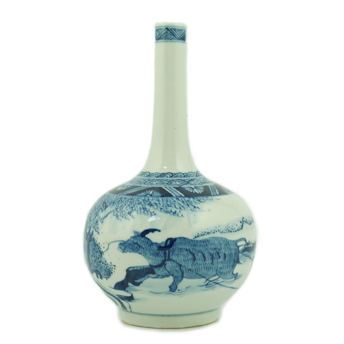 197 - A Chinese blue and white 'ox and plough' bottle vase, late 19th century, painted with a continuous l... 