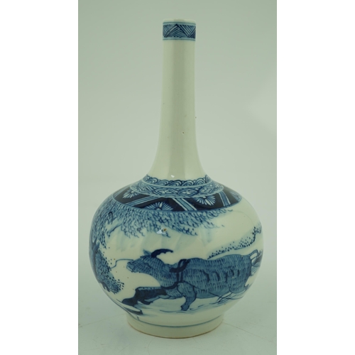 197 - A Chinese blue and white 'ox and plough' bottle vase, late 19th century, painted with a continuous l... 