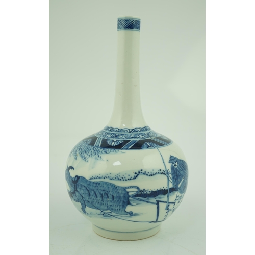 197 - A Chinese blue and white 'ox and plough' bottle vase, late 19th century, painted with a continuous l... 