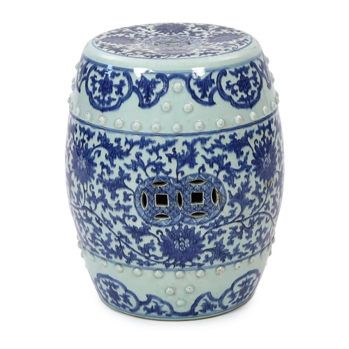 199 - A Chinese blue and white porcelain stool, 19th century, painted with lotus flowers and scrolling fol... 